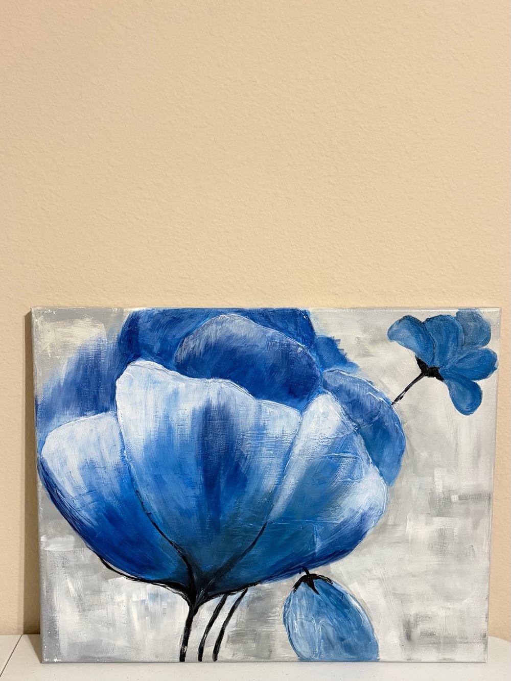 Blue Floral Canvas Wall Art - Modern Home Accent, Hand Painted, Size 16x20in